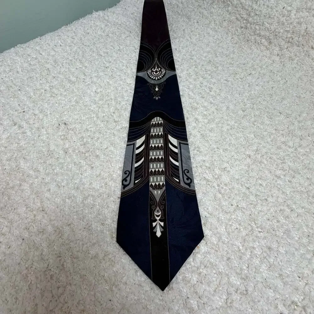 Gianfranco Ruffini 100% Italian Silk Tie Geometric Art Deco Pattern Navy Blue